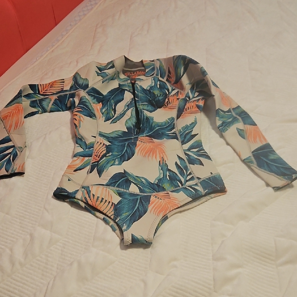 Billabong Long-Sleeve Tropical One-Piece Swimsuit - Teal & Coral